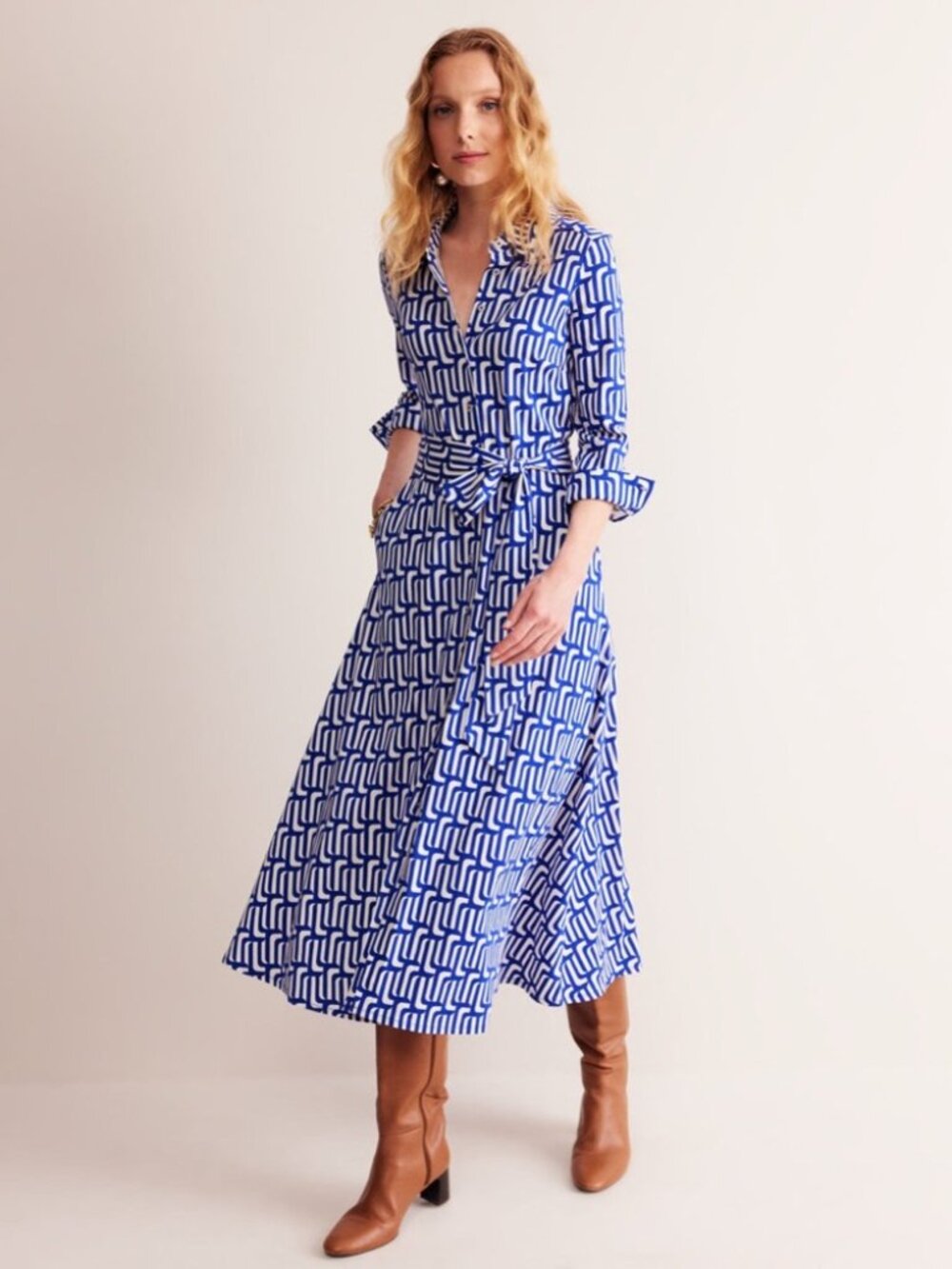 Boden Marcia Jersey Midi Shirt Dress Blue White Geometric Belted US 16 18 NWT